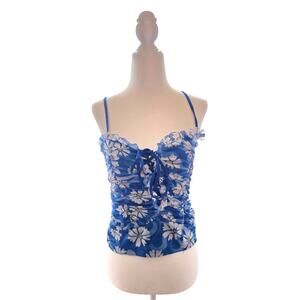 Miss Selfie Blue Floral Lace Crop Tank Womens Large Ruffle Ruched Top Y2K Vibe